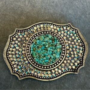 Blue green crystal rhinestone embellished sparkly turquoise stone belt buckle